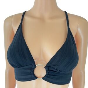 Xhilaration Black Ribbed O-Ring Triangle Bikini Top Womens Size M Cross Back Tie